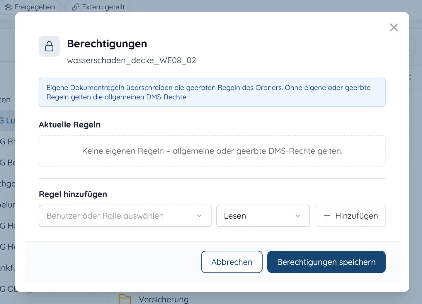 Dialog Berechtigungen für ein Dokument mit Regeln für Benutzer oder Rollen und Leserechten