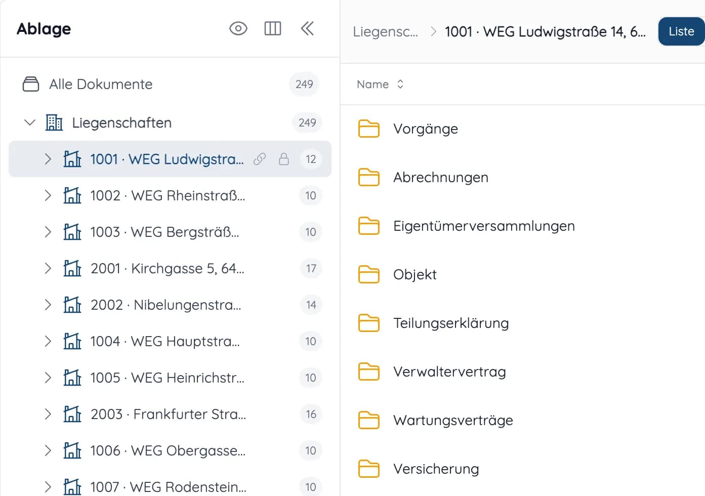 Ablage in heytalo mit Liegenschaften links und Ordnern wie Abrechnungen, Eigentümerversammlungen und Verwaltervertrag