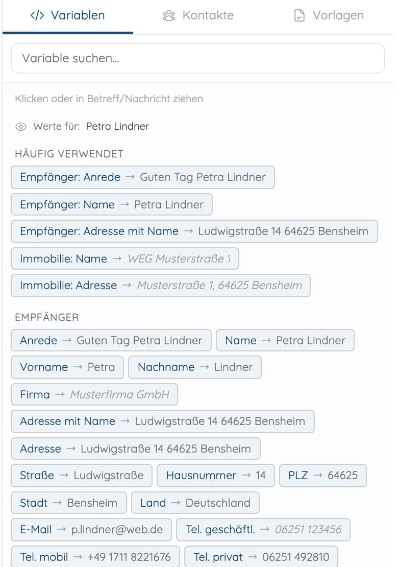Seitenleiste beim Antworten mit Variablen wie Anrede, Name und Adresse und den eingesetzten Werten für die Empfängerin