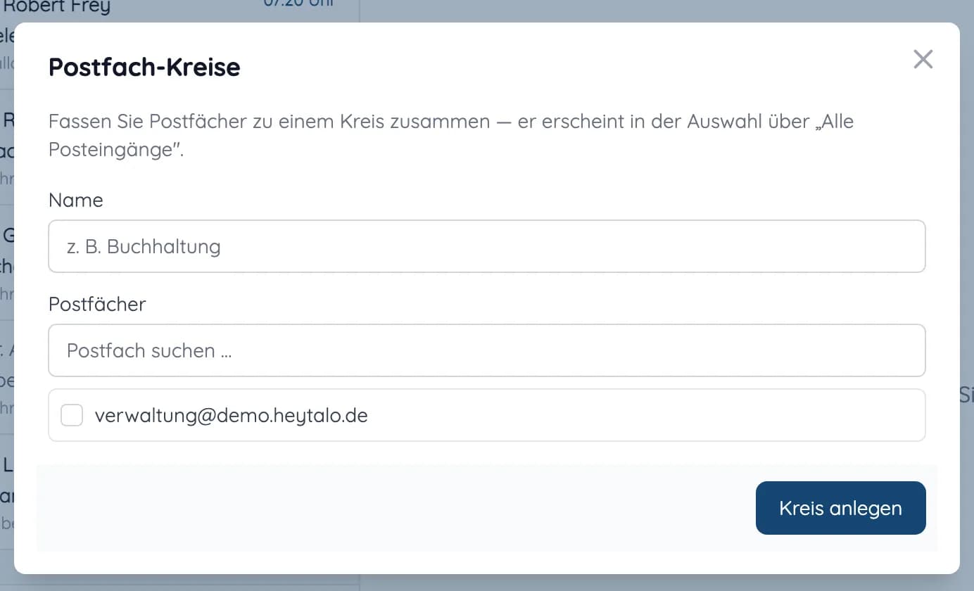 Dialog Postfach-Kreise: Name wie Buchhaltung vergeben und Postfächer auswählen