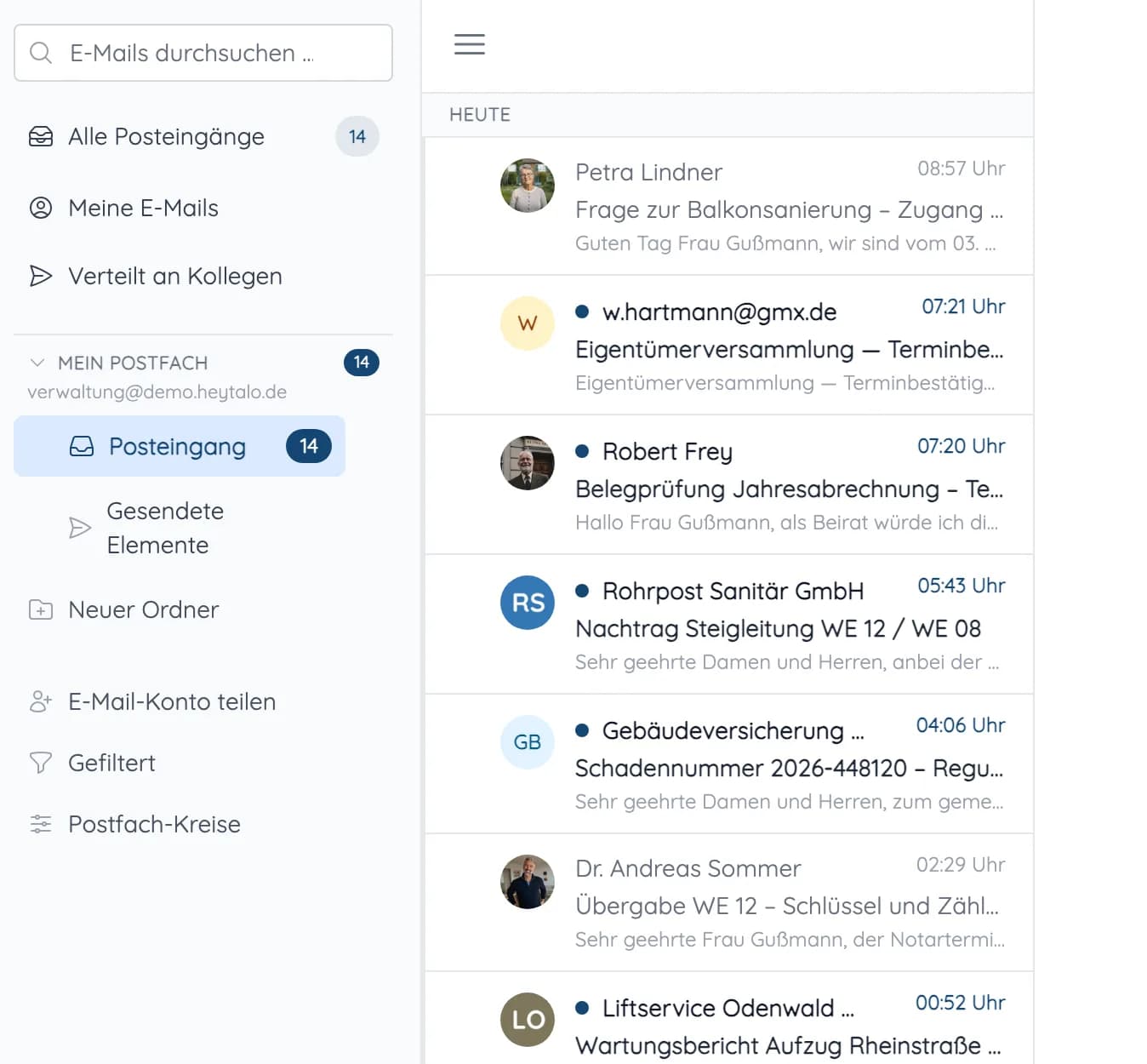 Posteingang in heytalo mit Ansichten Alle Posteingänge, Meine E-Mails, Verteilt an Kollegen und eingehenden Mails von Eigentümern und Dienstleistern
