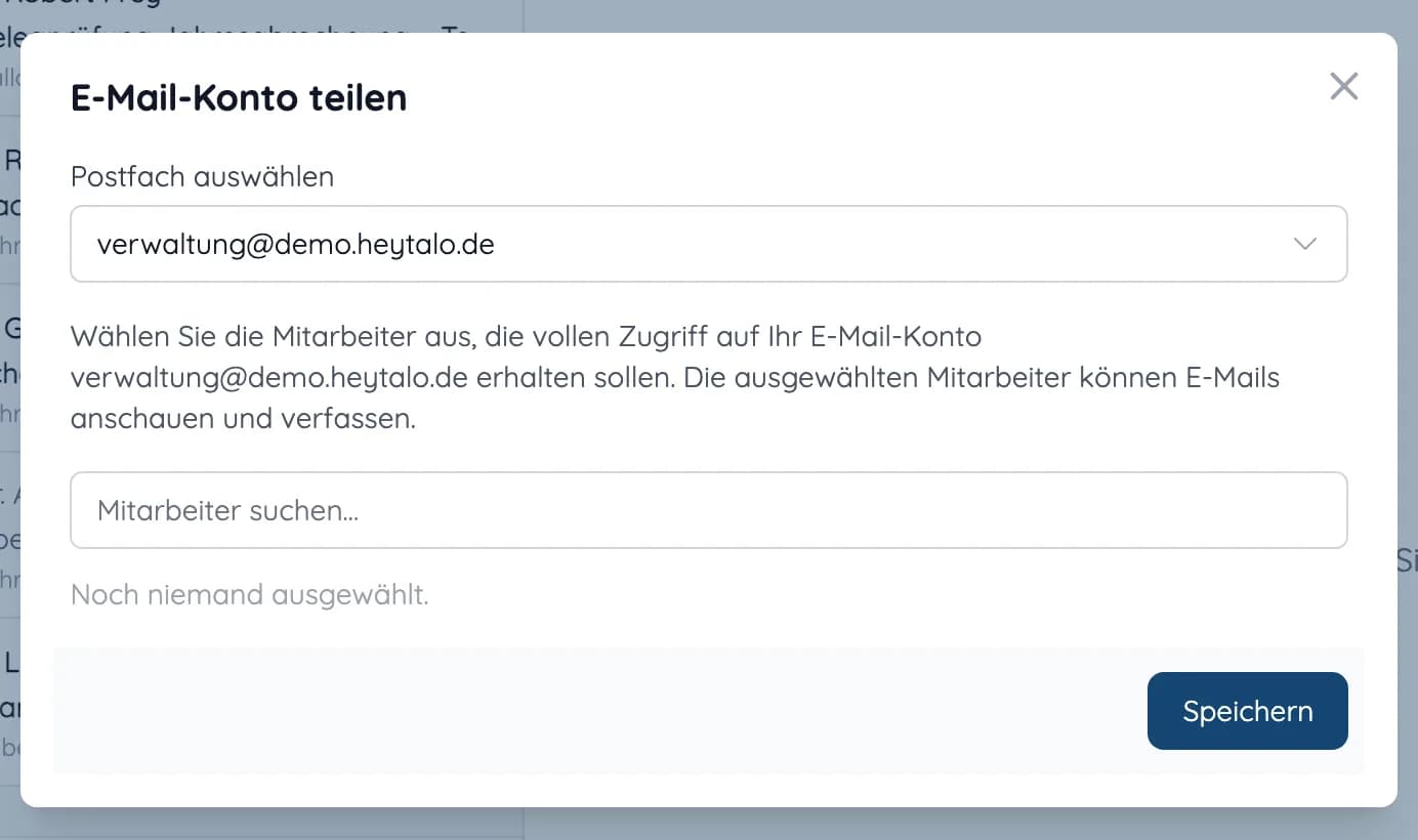 Dialog E-Mail-Konto teilen: Postfach auswählen und Mitarbeiter mit vollem Zugriff hinzufügen