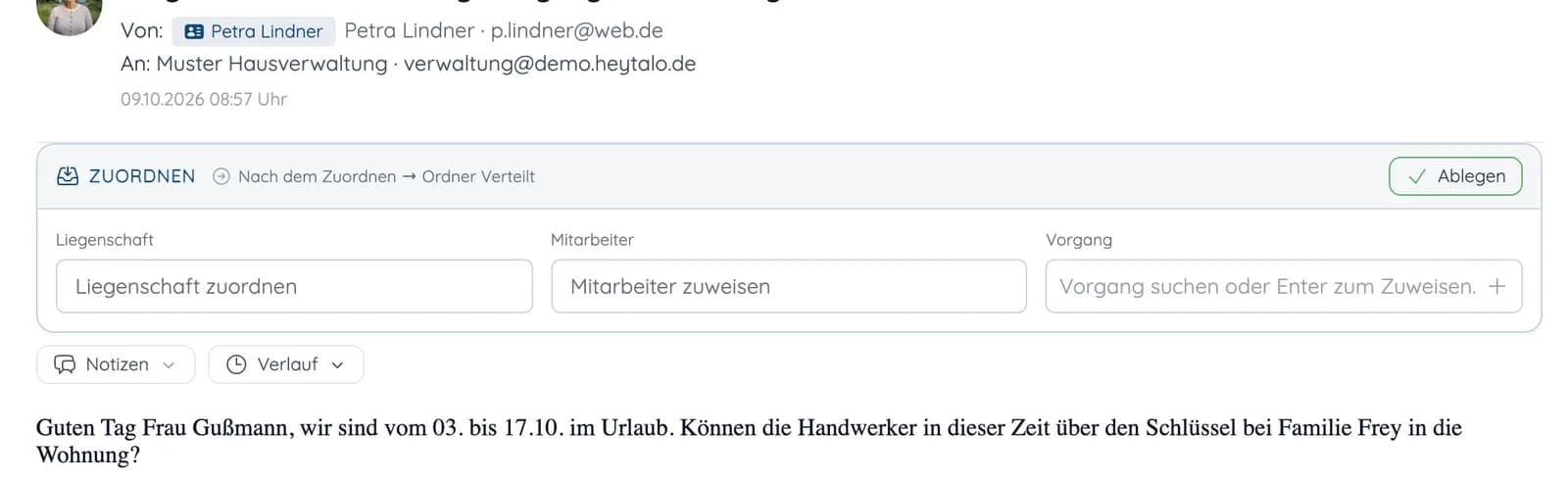 E-Mail in heytalo mit Feldern für Liegenschaft, Mitarbeiter und Vorgang