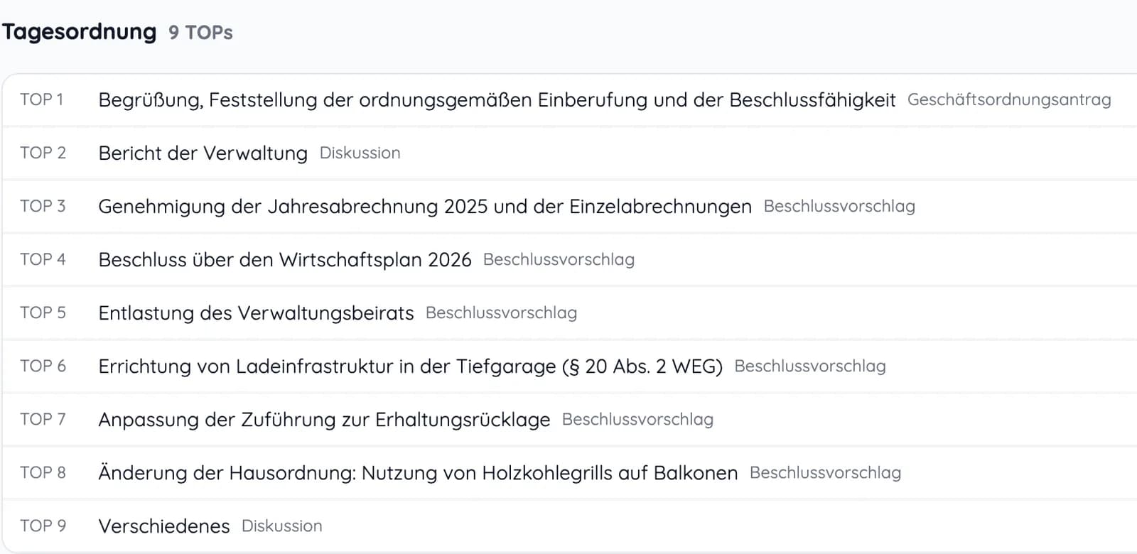Tagesordnung mit neun Tagesordnungspunkten, darunter Jahresabrechnung 2025, Wirtschaftsplan 2026 und Entlastung des Verwaltungsbeirats