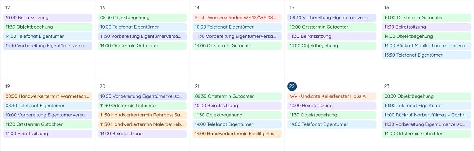 Monatsansicht im Kalender mit Beiratssitzungen, Objektbegehungen, Vorbereitung der Eigentümerversammlung, Ortsterminen und einer Frist