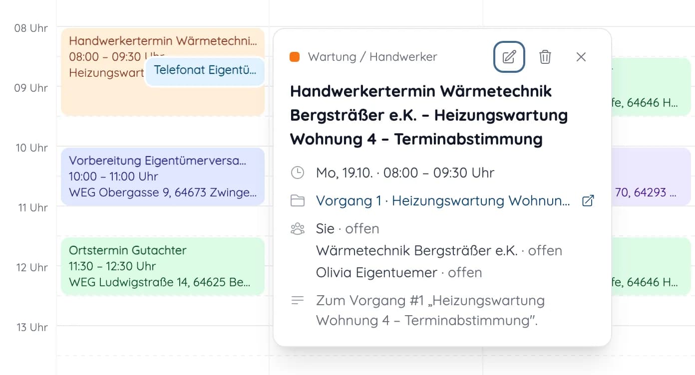 Kalendertermin in heytalo mit Handwerker, Eigentümerin und Verknüpfung zum Vorgang