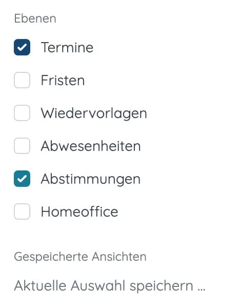 Ebenen im Kalender: Termine, Fristen, Wiedervorlagen, Abwesenheiten, Abstimmungen und Homeoffice, darunter gespeicherte Ansichten