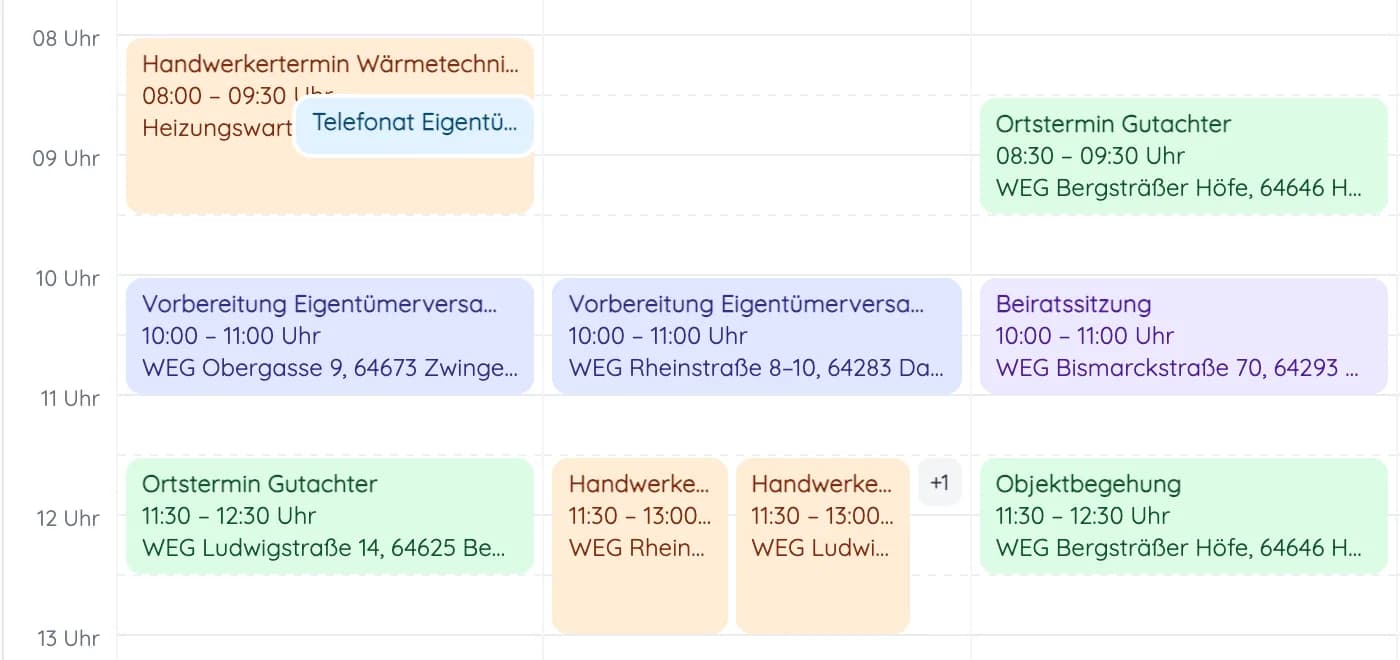 Wochenansicht im heytalo-Kalender mit Handwerkertermin, Ortstermin Gutachter, Vorbereitung Eigentümerversammlung, Beiratssitzung und Objektbegehung