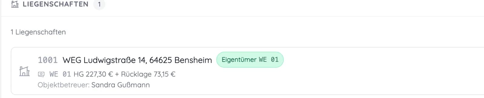 Kontakt in heytalo mit seiner Liegenschaft, der Rolle „Eigentümer WE 01“ und der zuständigen Objektbetreuerin