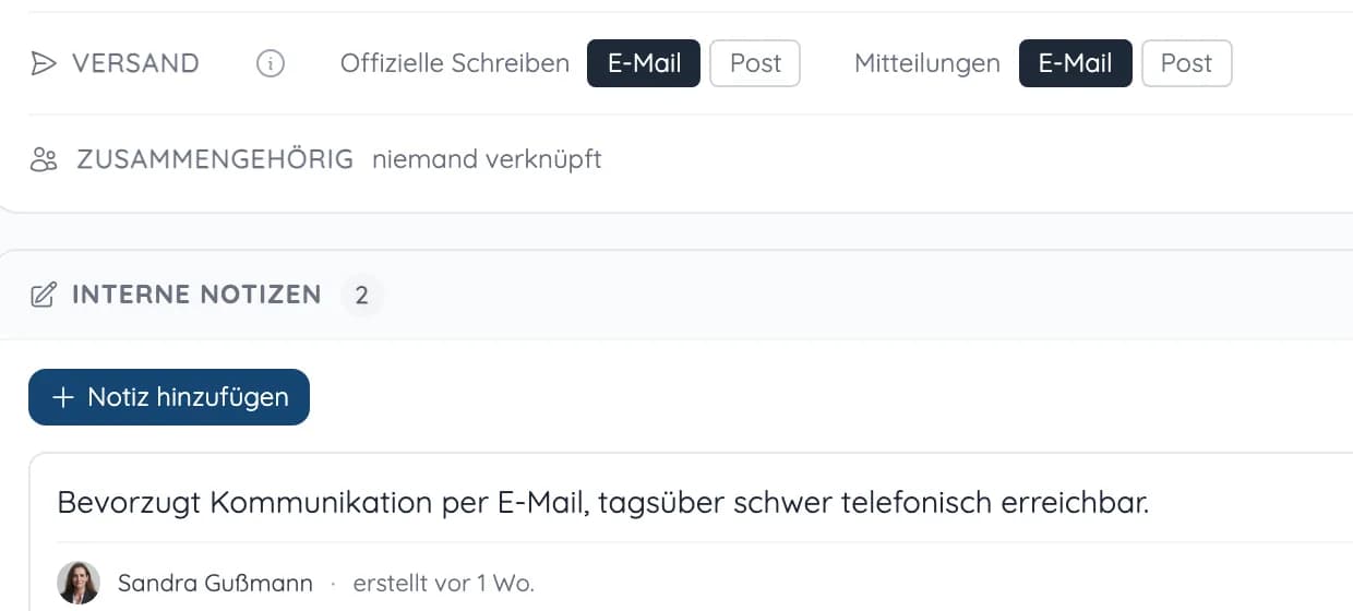 Kontakt in heytalo mit Versandweg für offizielle Schreiben und Mitteilungen sowie einer internen Notiz zur bevorzugten Kommunikation