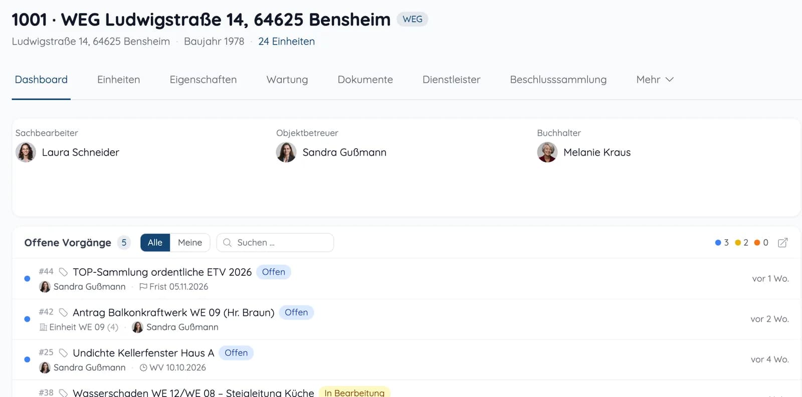 Liegenschaft mit Zuständigen für Sachbearbeitung, Objektbetreuung und Buchhaltung und Liste der offenen Vorgänge