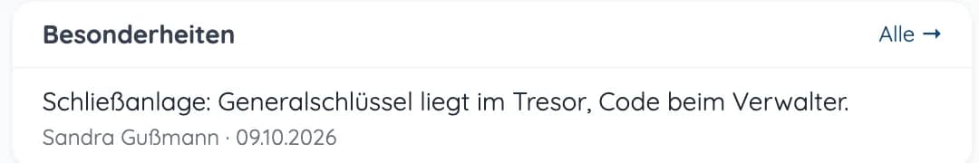 Hinweis unter „Besonderheiten“ einer Liegenschaft: Generalschlüssel liegt im Tresor, Code beim Verwalter