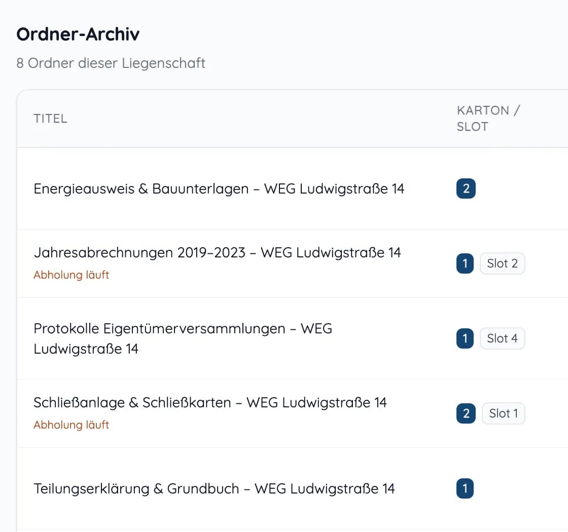 Ordner-Archiv einer Liegenschaft mit Ordnertiteln wie Jahresabrechnungen und Teilungserklärung sowie Karton und Slot