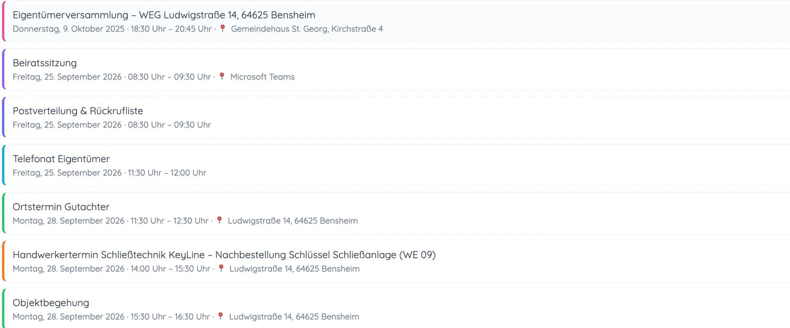 Termine einer Liegenschaft: Eigentümerversammlung, Beiratssitzung, Ortstermin, Handwerkertermin und Objektbegehung
