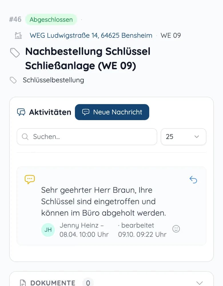Mieterportal auf dem Smartphone: abgeschlossenes Anliegen zur Schlüsselnachbestellung mit Antwort der Verwaltung