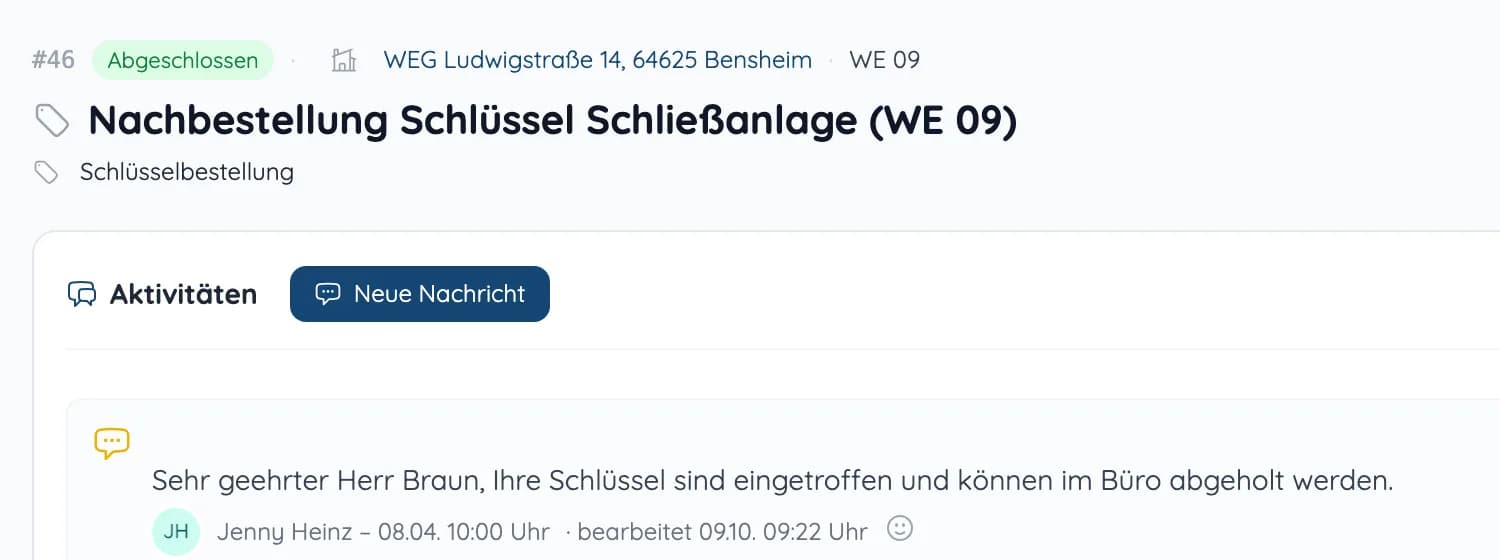 Anliegen im Portal mit Status „Abgeschlossen“ und Nachricht der Verwaltung
