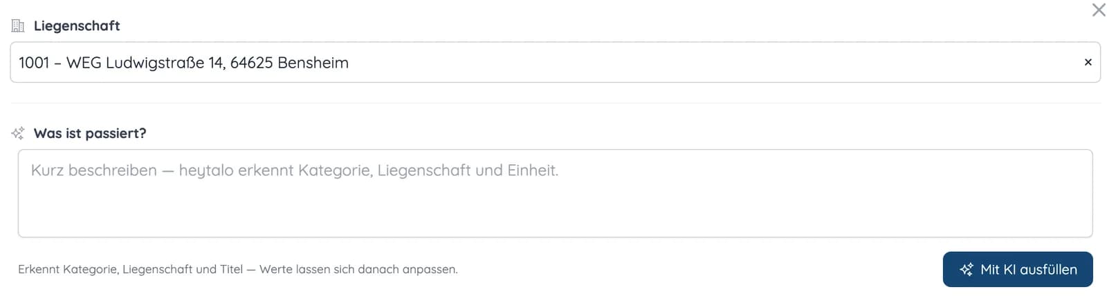 Formular für ein neues Anliegen mit Auswahl der Liegenschaft, Freitext und Knopf „Mit KI ausfüllen“