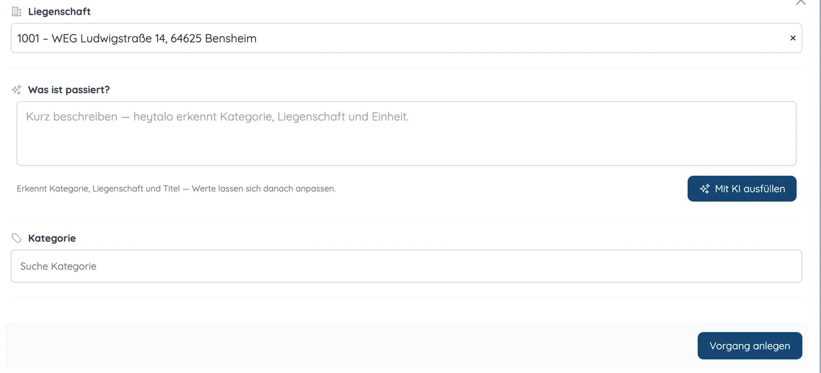 Formular für einen neuen Vorgang mit Liegenschaft, Freitext „Was ist passiert?“ und Knopf „Mit KI ausfüllen“