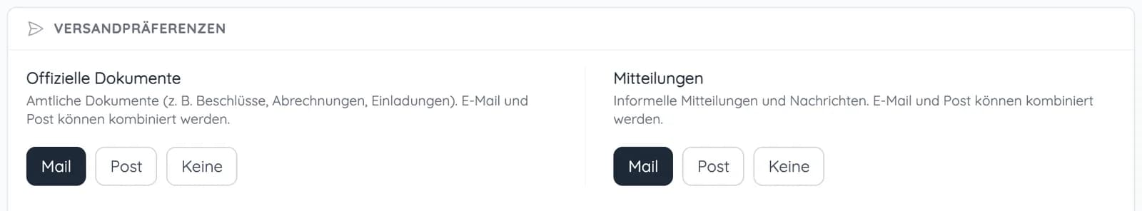 Versandpräferenzen im Portal: offizielle Dokumente und Mitteilungen jeweils per Mail, Post oder keine