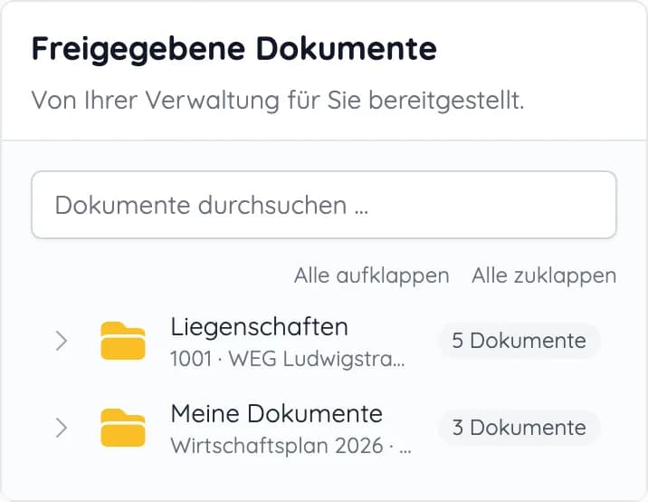 Eigentümerportal auf dem Smartphone mit freigegebenen Dokumenten, gegliedert nach Liegenschaften und eigenen Dokumenten