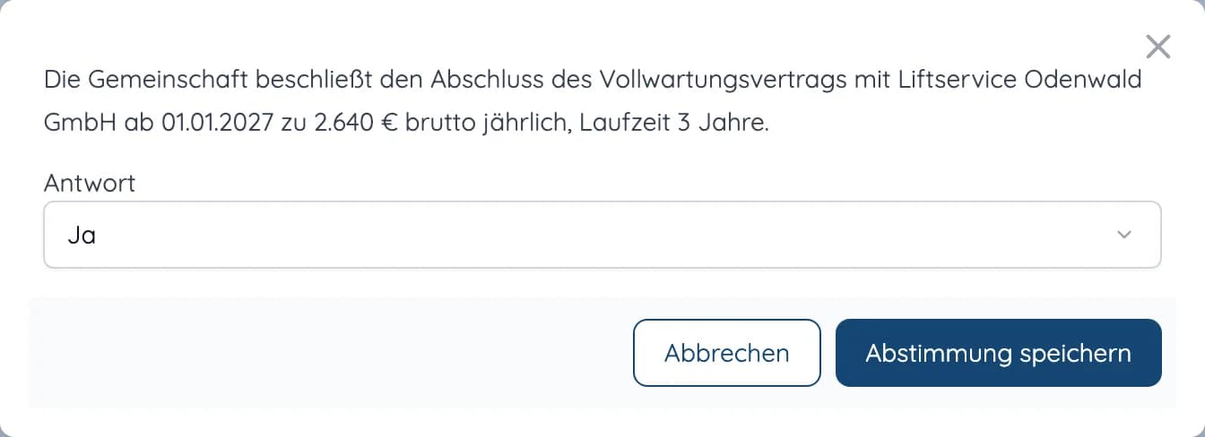 Abstimmung zu einem Umlaufbeschluss im Eigentümerportal mit Beschlusstext und Antwort „Ja“