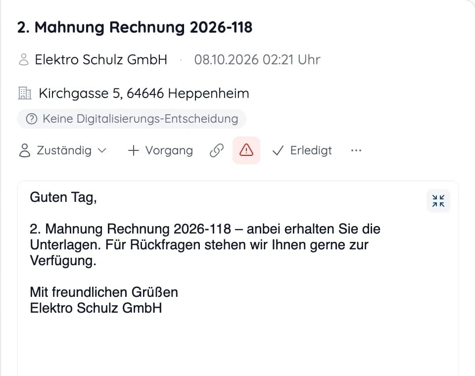Eingang „2. Mahnung Rechnung 2026-118“ eines Elektrobetriebs mit Liegenschaft und Schaltflächen für Zuständig, Vorgang und Erledigt