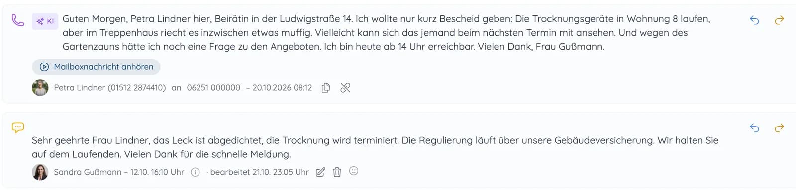 Vorgang mit verschriftlichter Mailboxnachricht einer Beirätin und der Antwort der Objektbetreuerin im Verlauf