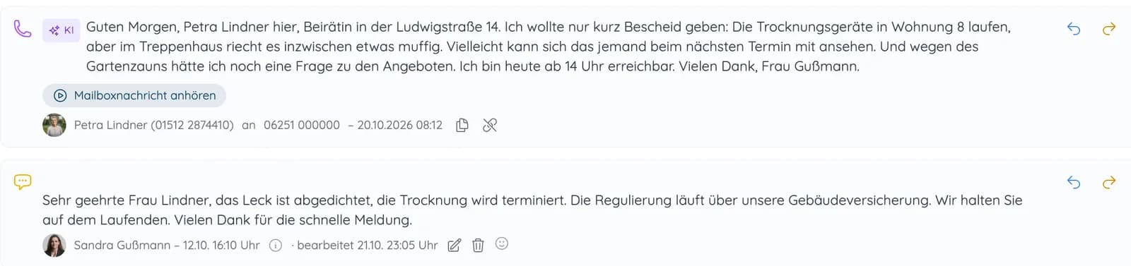 Vorgang in heytalo mit verschriftlichter Mailboxnachricht einer Beirätin, KI-Kennzeichnung und der Antwort der Objektbetreuerin