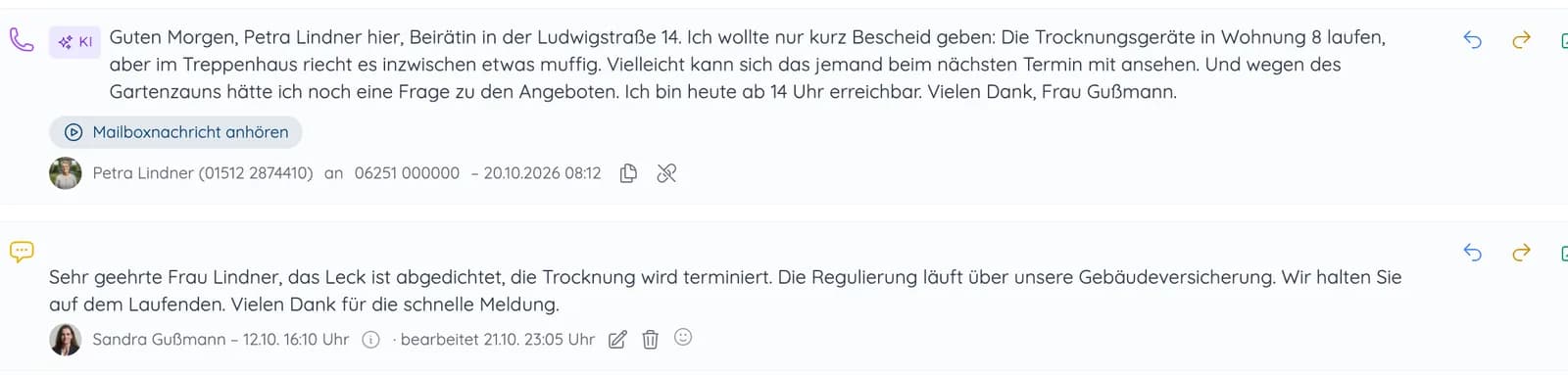 Vorgangsverlauf mit verschriftlichter Sprachnachricht einer Beirätin und der Antwort der Verwaltung, dass die Regulierung über die Gebäudeversicherung läuft