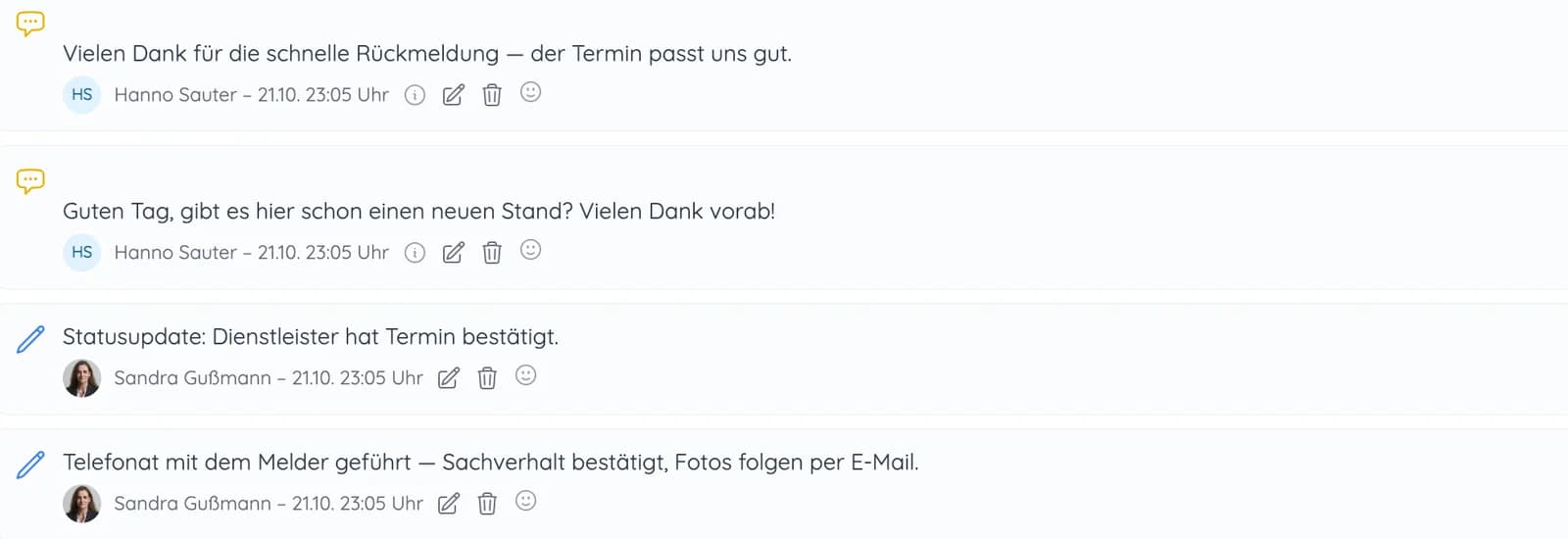 Verlauf eines Vorgangs mit Nachrichten des Meldenden, dem Statusupdate „Dienstleister hat Termin bestätigt“ und einer Telefonnotiz