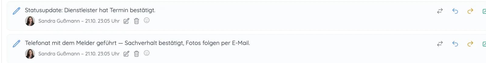 Verlauf eines Vorgangs mit Statusupdate „Dienstleister hat Termin bestätigt“ und Notiz zum Telefonat mit dem Melder