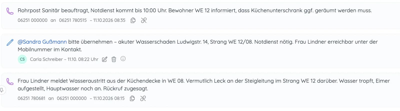 Verlauf eines Vorgangs: verschriftlichte Meldung eines Wasserschadens, interne Übergabe per Erwähnung und Notiz zur Beauftragung des Sanitärbetriebs