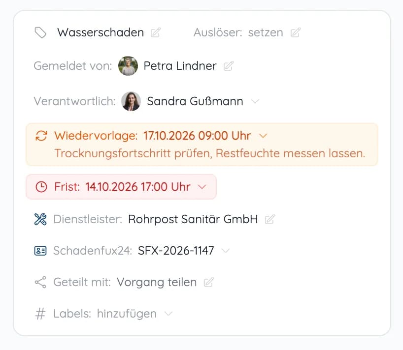 Vorgangsdetails mit Wiedervorlage samt Hinweis, rot markierter Frist und beauftragtem Dienstleister