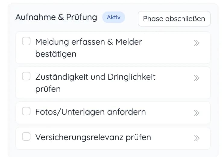 Phase „Aufnahme & Prüfung“ eines Vorgangs mit den Aufgaben Meldung erfassen, Zuständigkeit prüfen, Fotos anfordern und Versicherungsrelevanz prüfen