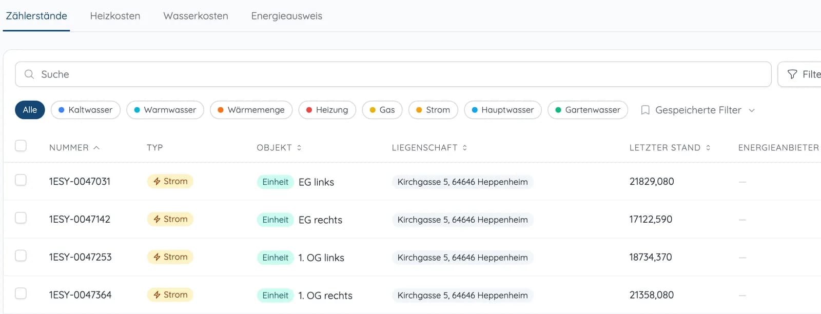 Liste der Zählerstände mit Zählernummer, Typ, Einheit, Liegenschaft und letztem Stand