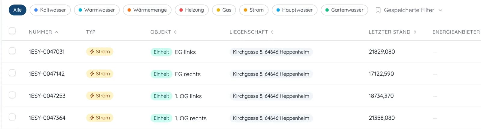 Zählerliste mit Filtern nach Zählertyp und Spalten für Nummer, Typ, Einheit, Liegenschaft und letzten Stand
