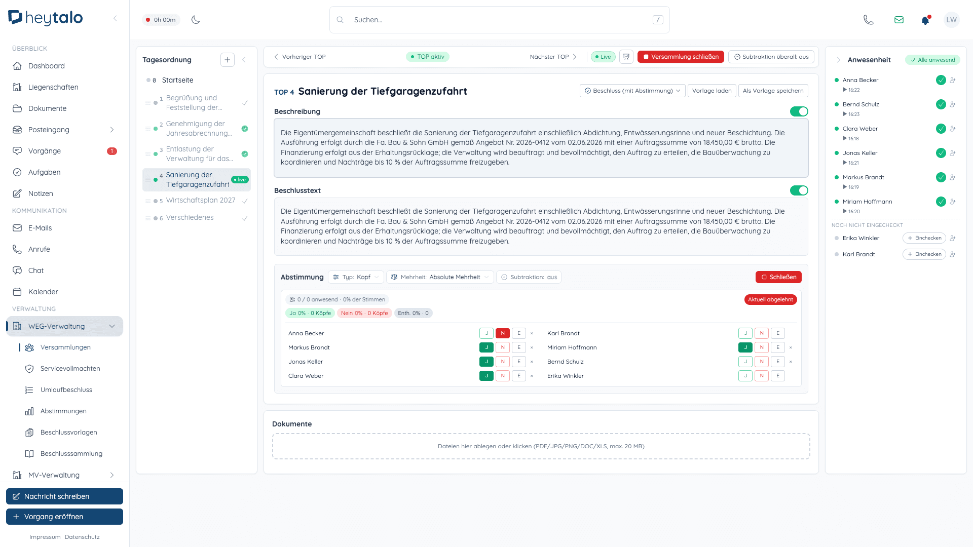 heytalo Live-Moderation einer Eigentümerversammlung mit Tagesordnung, Live-Abstimmung und Anwesenheitsliste