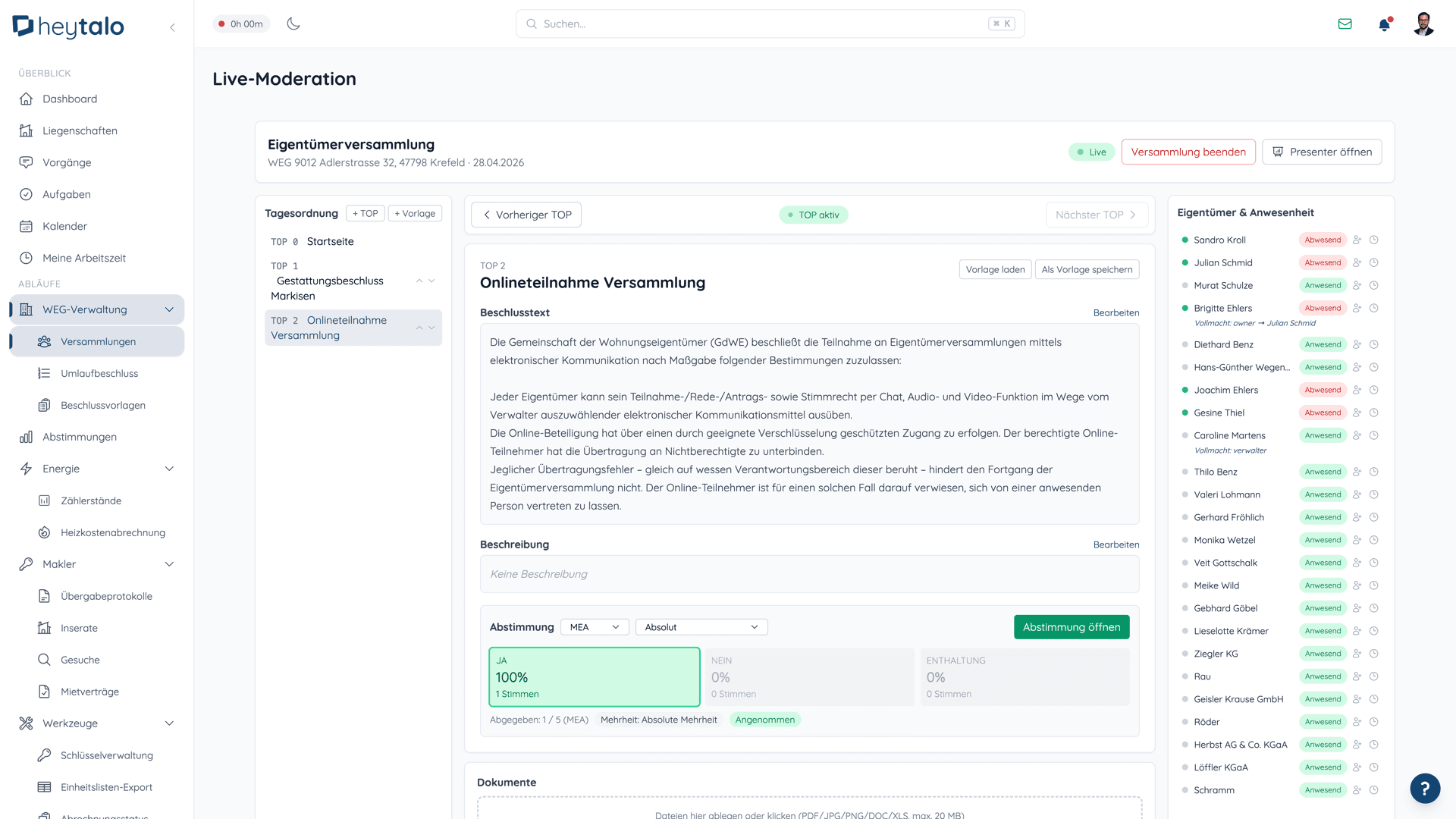 heytalo Live-Moderation einer Eigentümerversammlung mit Tagesordnung, Live-Abstimmung und Anwesenheitsliste